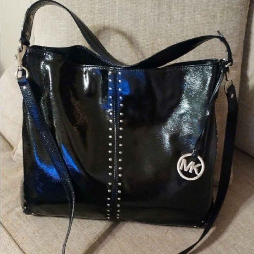 Michael Kors Astor Studded Black Patent Leather Hobo